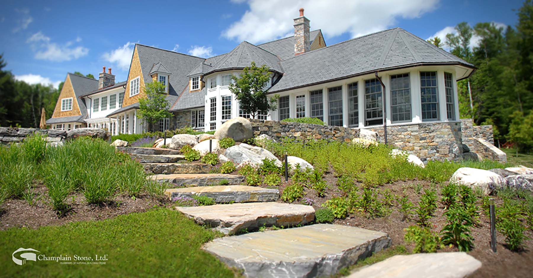 saratoga granite mosaic natural stone slab steps outside residential home